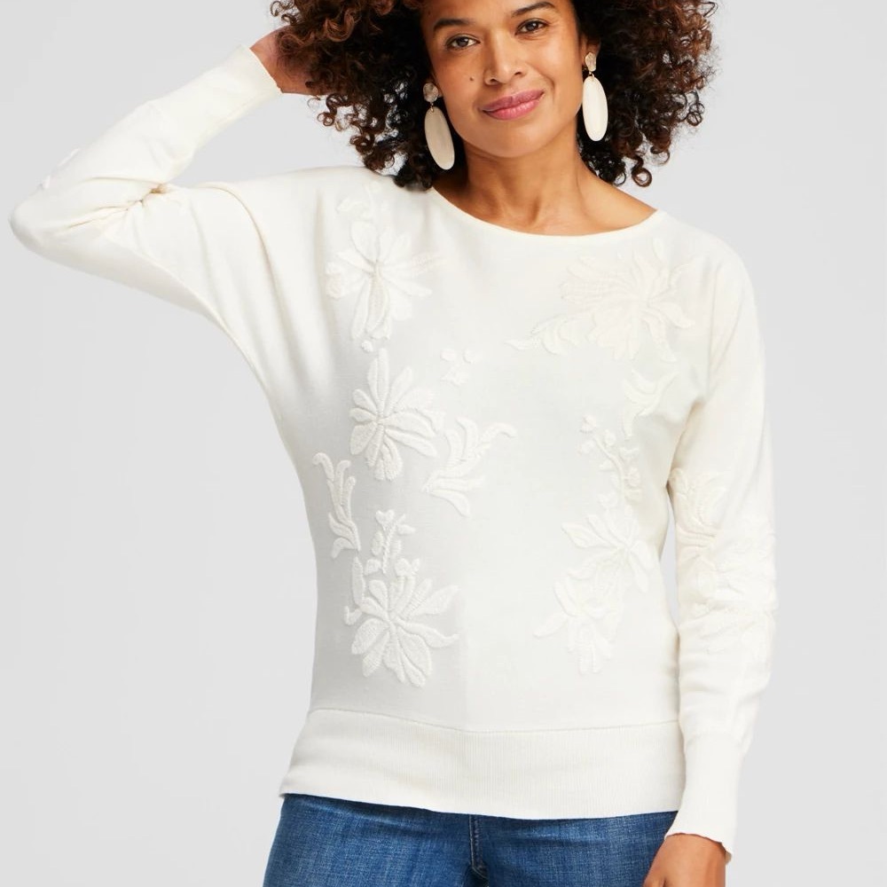 Chico's Neutral Textured Floral Pullover‎ Sweater, SZ Large, Cream, embroidered
